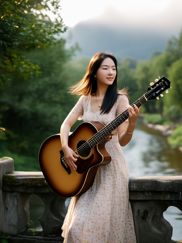 小桥上弹吉他的美女