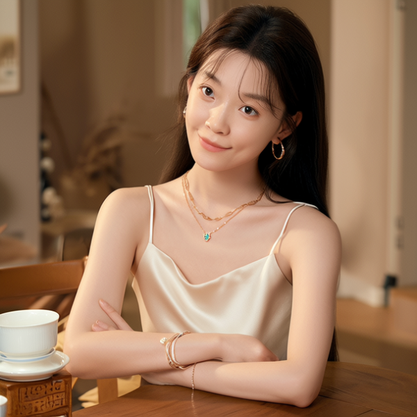 生活瞬间，美女，韩系美女，丝绸，美妆广告，家庭餐桌，4K超清，写实风格，温馨，柔和室内光，细腻皮肤，项链，耳环，手链。
