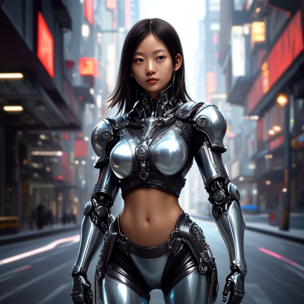 一个超酷的太空朋克女孩，站在未来派的城市街道上，她的衣服是未来派的，是闪亮的机械战甲，逼真的风格，高分辨率，大胆而迷人的曲线，厚重的阴影。