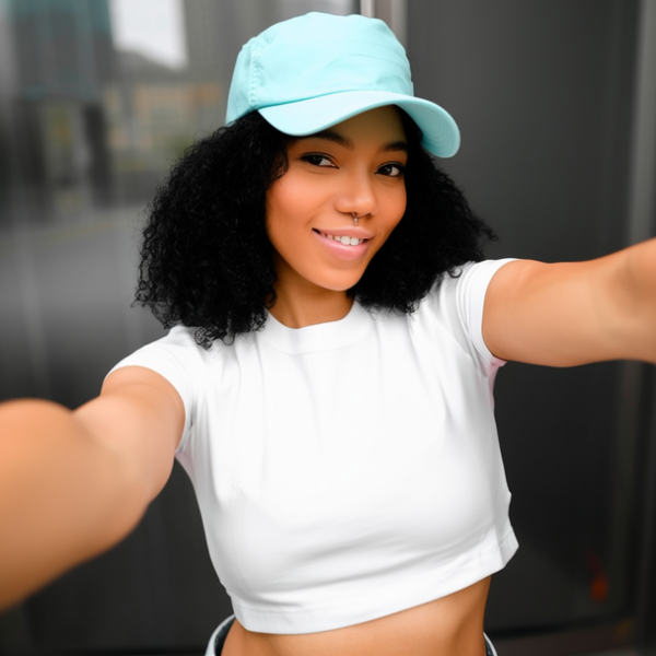 一位黑发女性在镜子前自拍，她穿着白色短款上衣和浅蓝色帽子