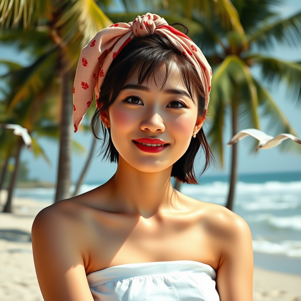 20岁的中国女孩，淡淡的妆容，具有一种独具特色的立体感，洁白抹胸连衣裙，适中的胸部和臀部，坐在沙滩上，用头饰扎住短发，水汪汪的眼睛，红润脸蛋，面带微笑，温柔，妩媚，舒适，大海，椰子树，海鸥，海浪